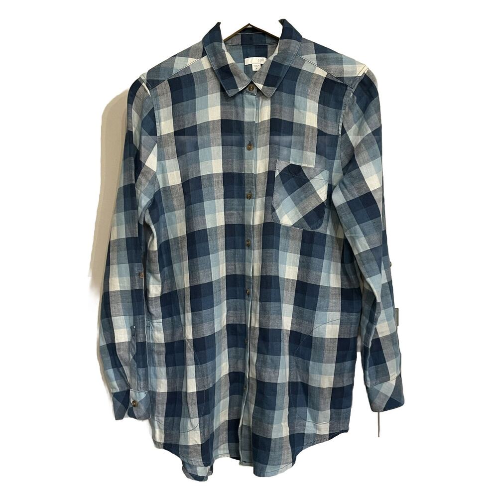 J Jill Top Button Up Plaid‎ Flannel Pockets Casual Outdoors Tunic Womens M